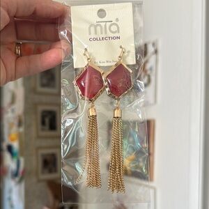 Mia Collection Red Gold Chain Tassel Hexagon Dangle Earrings